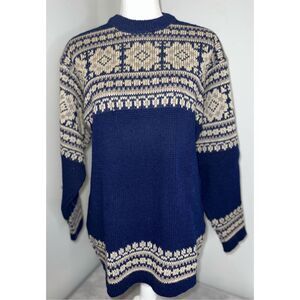 Vintage 100% Wool Men’s Crewneck Fair Isle Sweater Fisherman Outdoor Hiking